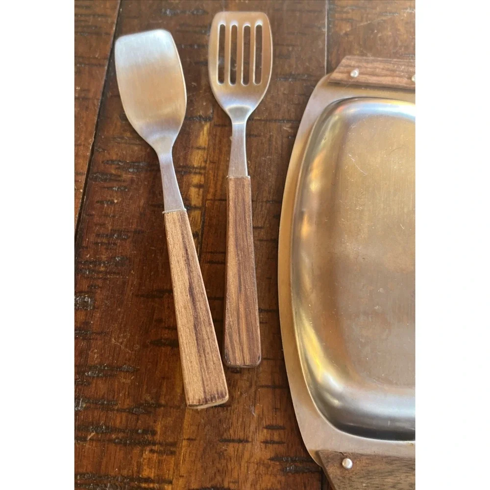 MID CENTURY MODERN‎ Vintage Stainless Steel & Wood Trays JAPAN & Utensils Relish